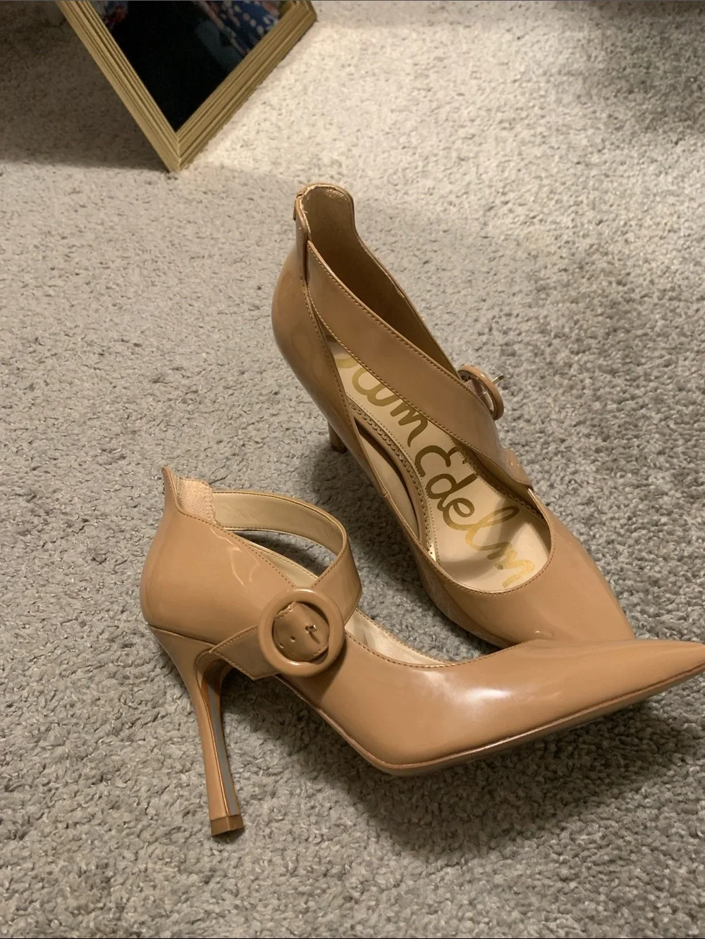 Sam Edelman Nude Patent Leather Pointed-Toe Stiletto Heels with Buckle